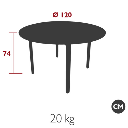Fermob teak round outdoor table with a 120cm diameter, ideal for patio or garden outdoor dining.