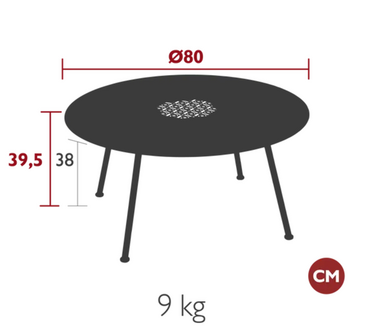 Fermob Lorette low coffee table with an 80 cm diameter, metal construction, fire-resistant outdoor table with a modern design.