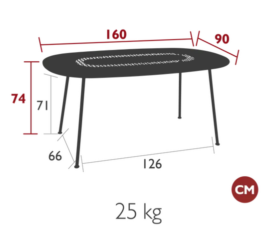 Fermob Lorette oval metal outdoor dining table 160x90 cm with sleek design and sturdy construction, ideal for patio or garden.