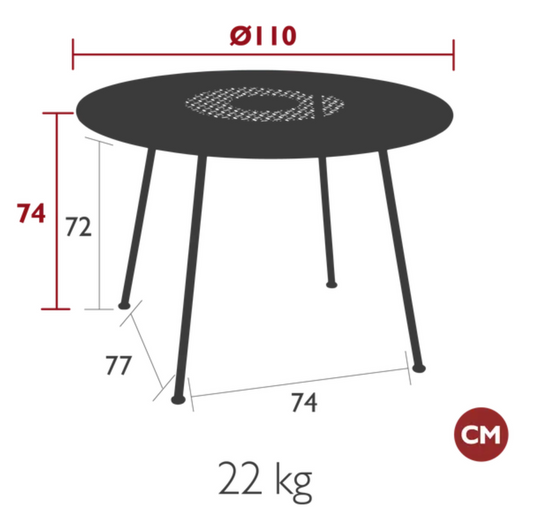 Fermob Lorette round garden table with 110cm diameter, metal construction, fire-resistant, stylish outdoor furniture.