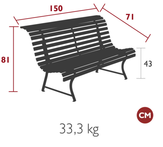 Fermob Louisiane 150cm outdoor folding bench with slatted wooden seat and metal frame, suitable for garden or patio use.