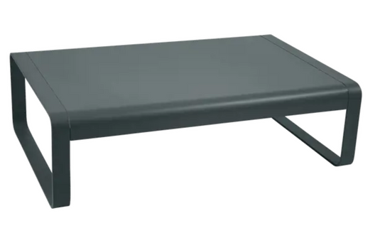 Fermob Bellevie low lounge table with 105x75 cm metal surface, ideal for outdoor coffee or side table use.