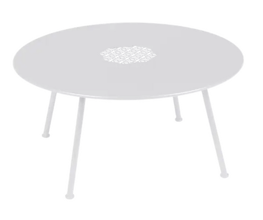 White Fermob Lorette low metal coffee table with an 80cm diameter, designed for outdoor use.