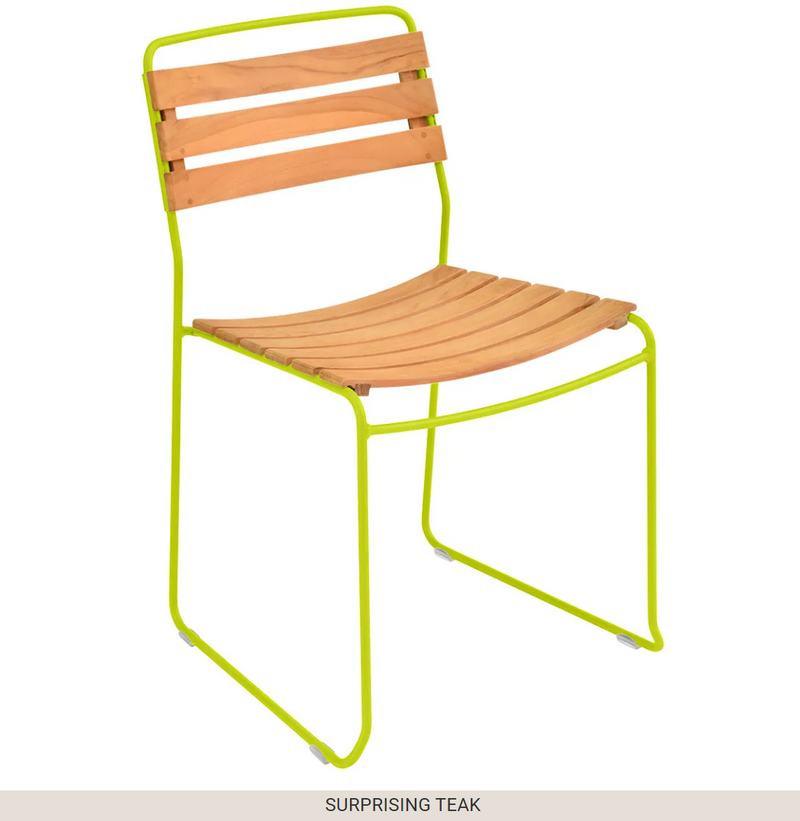 Load image into Gallery viewer, Luminous green Fermob outdoor metal chair, Surprising Teak Chair, with a sleek design and vibrant finish for outdoor seating.

