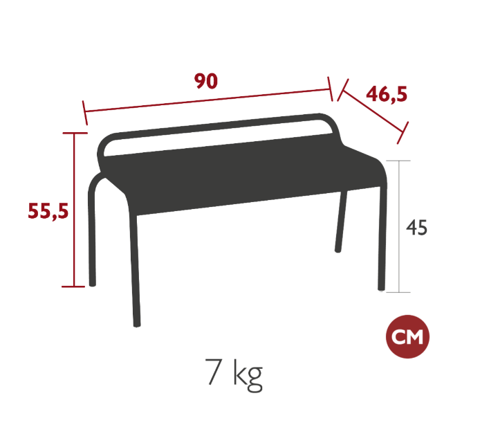 Load image into Gallery viewer, Fermob Luxembourg stackable outdoor metal bench, 90 cm long, shown from hall side, ideal for garden or patio seating.
