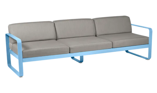 Grey taupe Fermob Bellevie 3-seater outdoor sofa with metal frame, perfect for stylish outdoor furniture settings.