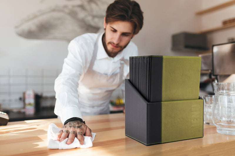 Load image into Gallery viewer, Securit Menu Holders - Boxes Trendy - Green 35,2x27,9x19,7cm - Pack of 2 - in use
