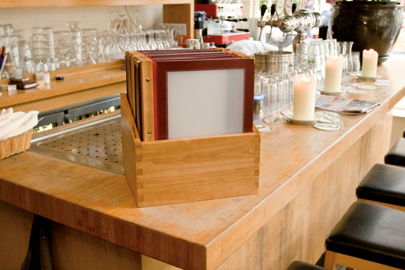 Load image into Gallery viewer, Securit Menu Holders - Boxes Wood - Wine Red 33,7x30,1x24,6cm - Pack of 2 - in use
