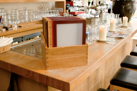 Securit Menu Holders - Boxes Wood - Wine Red 33,7x30,1x24,6cm - Pack of 2 - in use