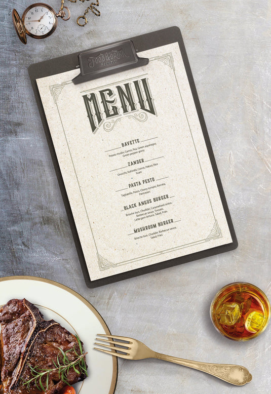 Securit Front-of-House Set - Vintage Clipboard A4 Brown - 10 Menu Holders + 10 Bill Presenters - in use