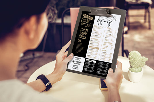 Securit Menu Holders - Clipboard - Brown 33,5x23x3,5cm - Pack of 10 - in use