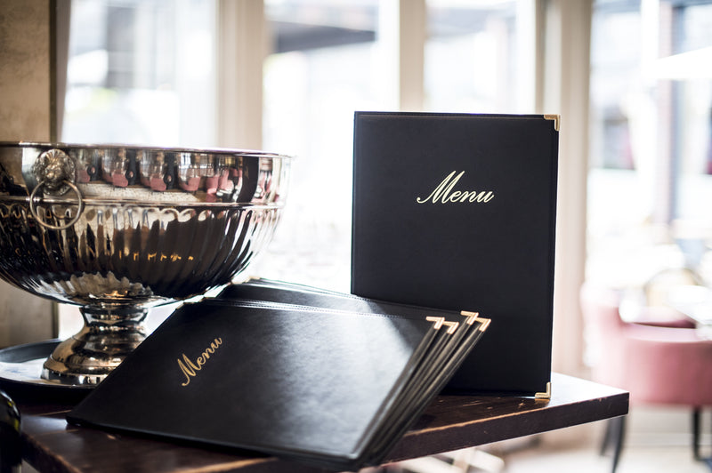 Load image into Gallery viewer, Securit Front-of-House Set - Classic A4 Black - 10 Menu Holders + 10 Bill Presenters - in use
