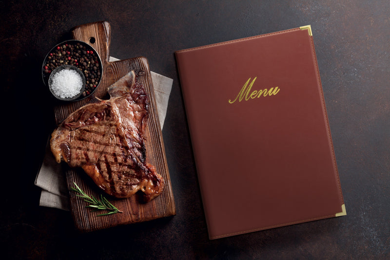 Load image into Gallery viewer, Securit Menu Holders - Classic - Wine Red 34x24x0,5cm - Pack of 10 - in use

