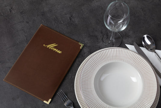 Securit Menu Set - Classic A5 Brown - 10 Menu Holders + 20 Extra Pouches - in use