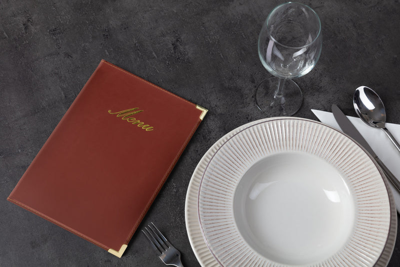 Load image into Gallery viewer, Securit Menu Set - Classic A5 Wine Red - 10 Menu Holders + 20 Extra Pouches - in use

