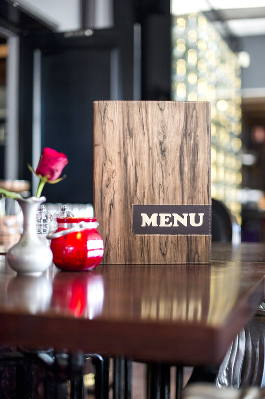Securit Front-of-House Set - Design A4 Wood-look - 10 Menu Holders + 10 Bill Presenter Boxes - in use