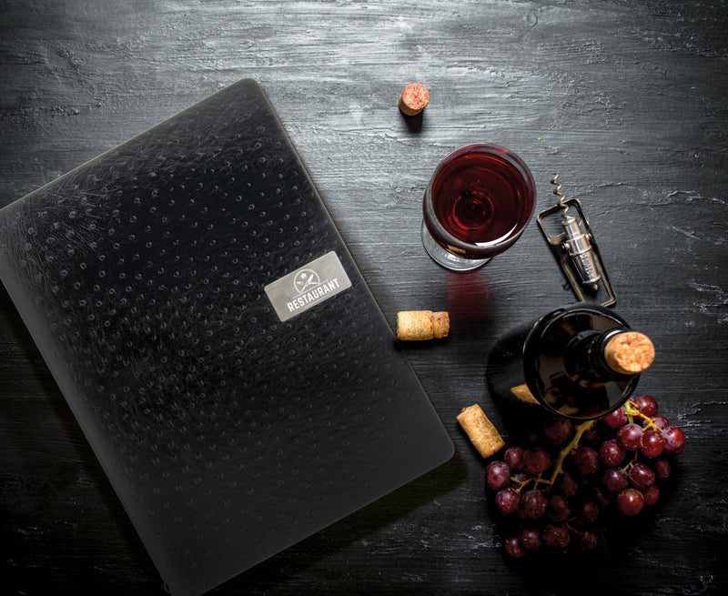 Load image into Gallery viewer, Securit Menu Set - Leather Ego A4 Black - 10 Menu Holders + 20 Extra Pouches - in use
