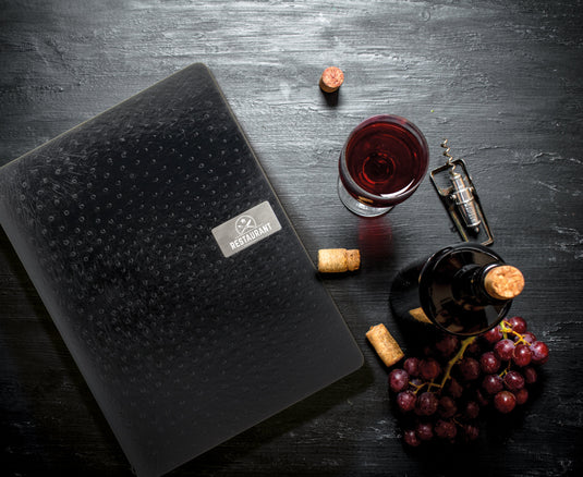 Securit Front-of-House Set - Leather Ego A4 Black - 10 Menu Holders + 10 Beechwood Bill Presenters - in use