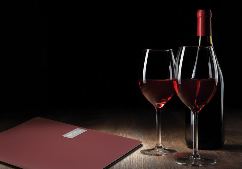 Load image into Gallery viewer, Securit Menu Set - Leather Royal A4 Red - 10 Menu Holders + 20 Extra Pouches - in use
