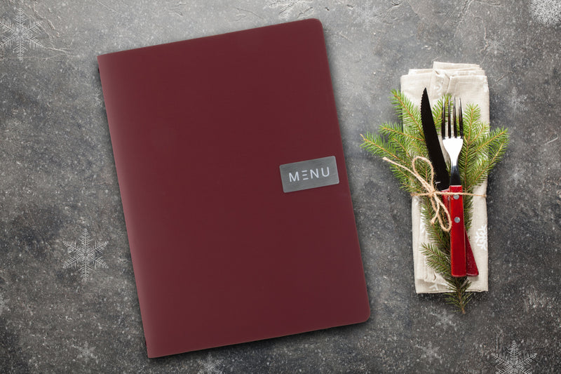 Load image into Gallery viewer, Securit Menu Holders - Leather - Red 33,2x24,6x0,5cm - Pack of 10 - in use
