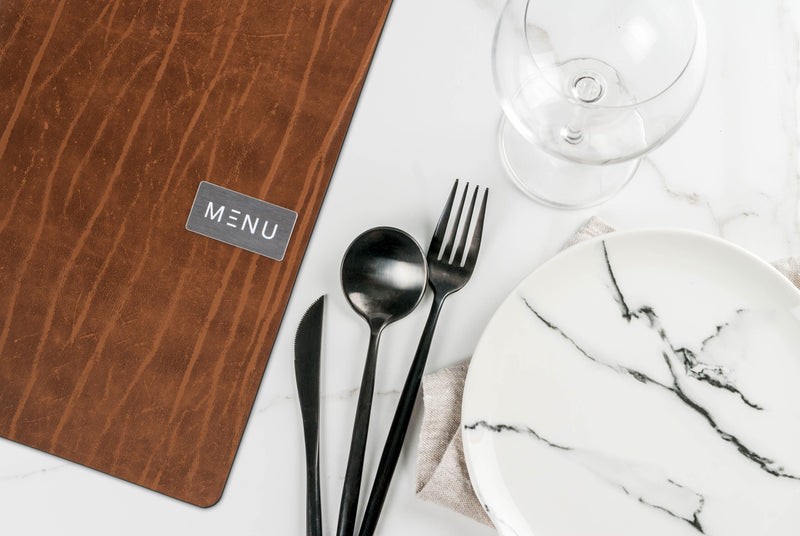 Load image into Gallery viewer, Securit Menu Set - Leather Ruga A4 Brown - 10 Menu Holders + 20 Extra Pouches - in use
