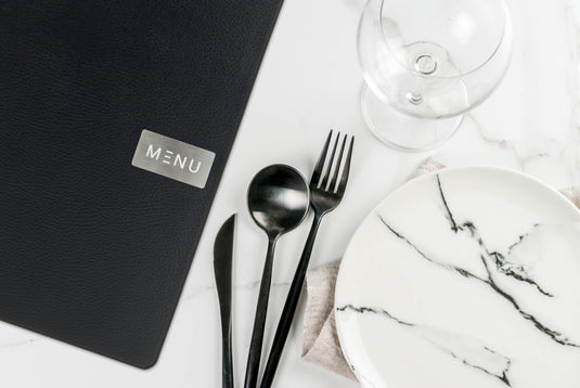 Securit Menu Holders - Leather - Black 33,2x24,6x0,5cm - Pack of 10 - in use