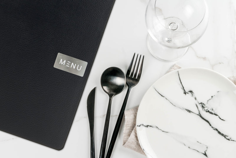 Load image into Gallery viewer, Securit Menu Set - Leather Raw A4 Black - 10 Menu Holders + 20 Extra Pouches - in use
