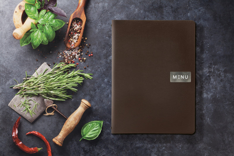Load image into Gallery viewer, Securit Menu Set - Leather Raw A4 Brown - 10 Menu Holders + 20 Extra Pouches - in use
