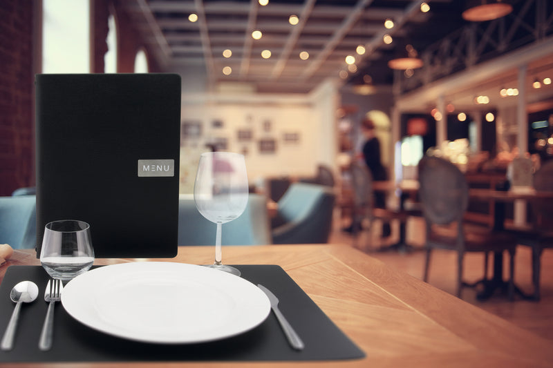 Load image into Gallery viewer, Securit Menu Holders - Leather - Black 45x33,1x0,3cm - Pack of 10 - in use
