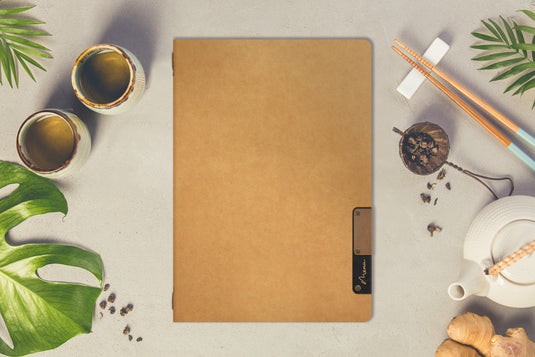 Securit Menu Set - Nature A4 Beige - 10 Menu Holders + 20 Extra Pouches - in use