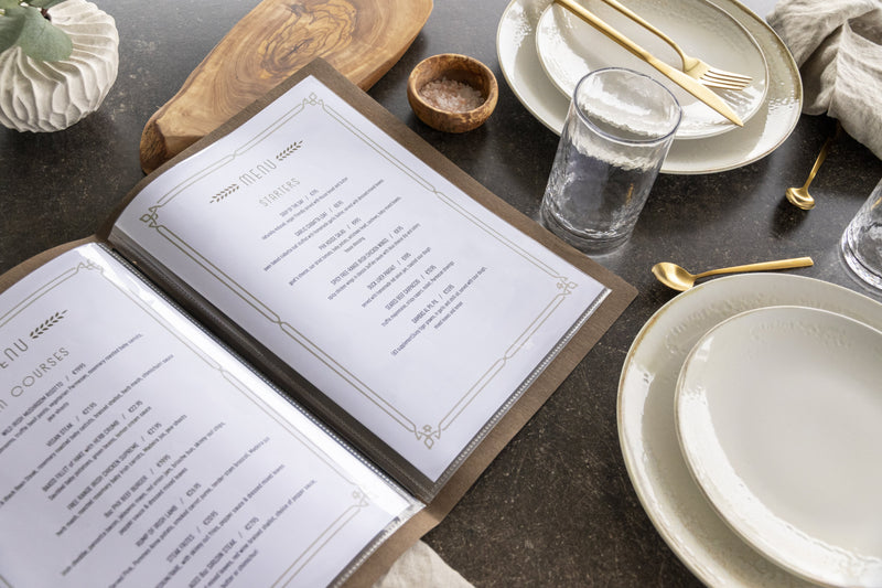 Load image into Gallery viewer, Securit Front-of-House Set - Nature A4 Brown - 10 Menu Holders + 10 Bill Presenters - in use
