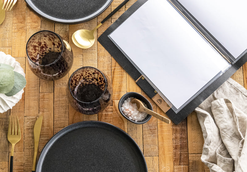 Load image into Gallery viewer, Securit Menu Set - Nature A5 Black - 10 Menu Holders + 20 Extra Pouches - in use
