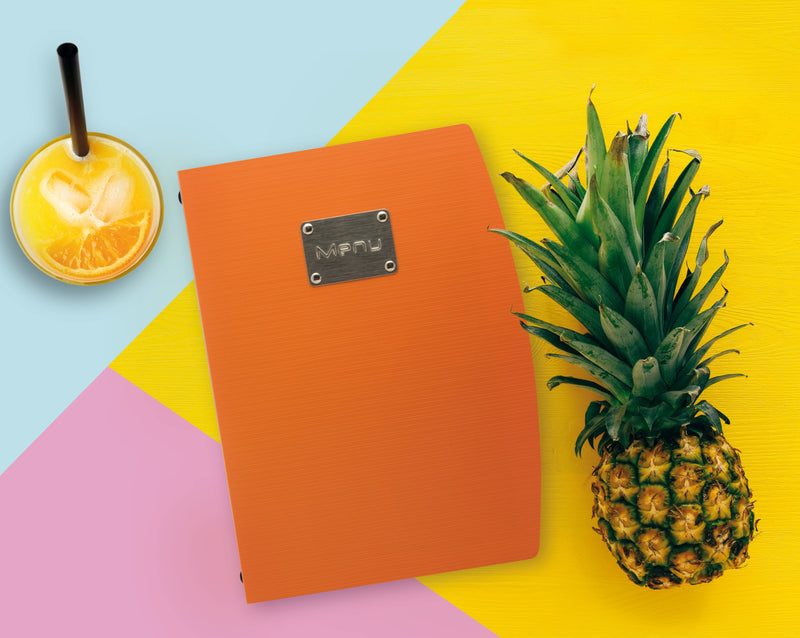Load image into Gallery viewer, Securit Menu Holders - Rio - Orange 34x25,5x1,8cm - Pack of 10 - in use
