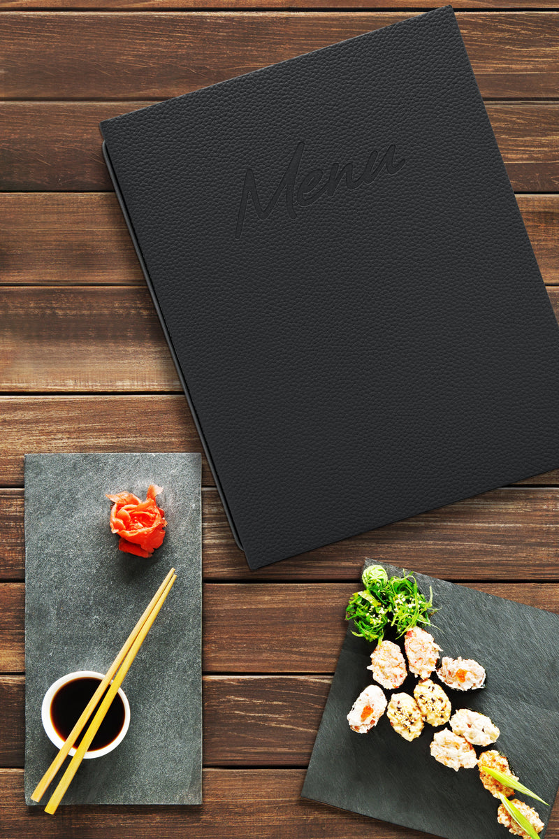 Load image into Gallery viewer, Securit Menu Set - Signature A4 Black - 10 Menu Holders + 20 Extra Pouches - in use
