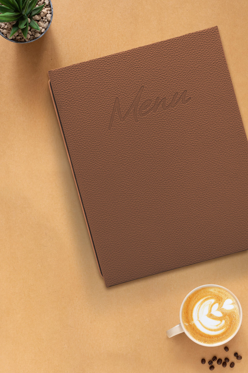 Load image into Gallery viewer, Securit Menu Set - Signature A4 Brown - 10 Menu Holders + 20 Extra Pouches - in use
