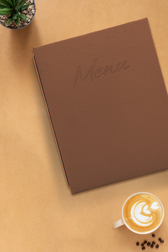 Securit Menu Set - Signature A4 Brown - 10 Menu Holders + 20 Extra Pouches - in use