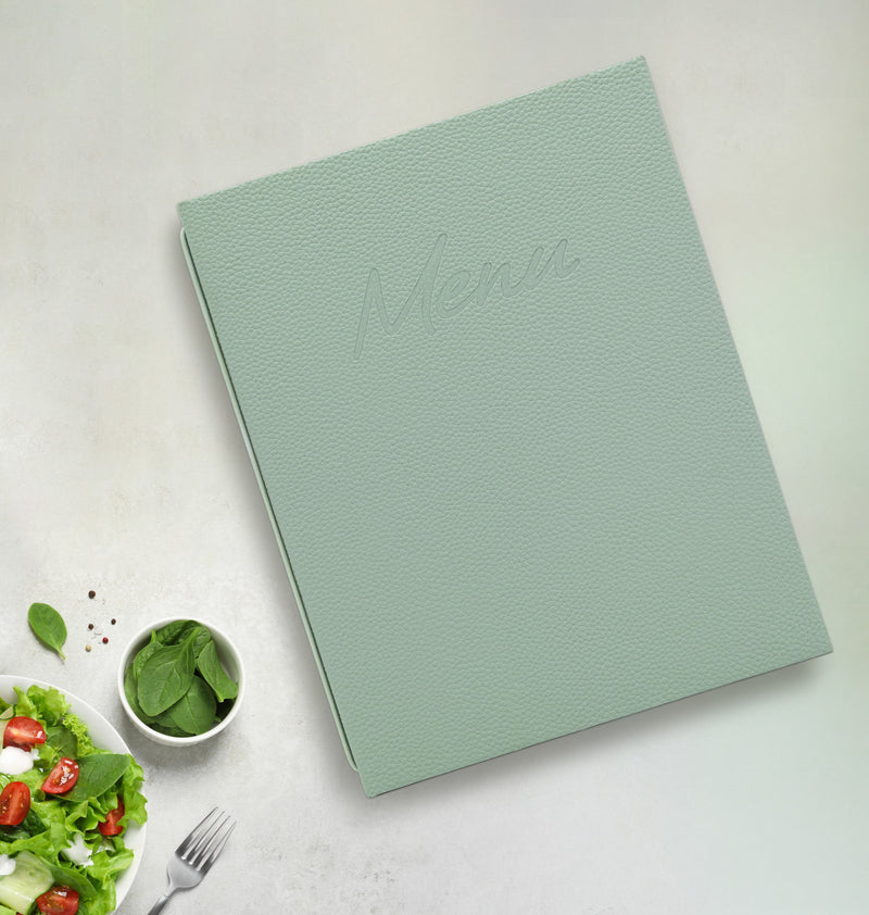 Load image into Gallery viewer, Securit Menu Set - Signature A4 Green - 10 Menu Holders + 20 Extra Pouches - in use
