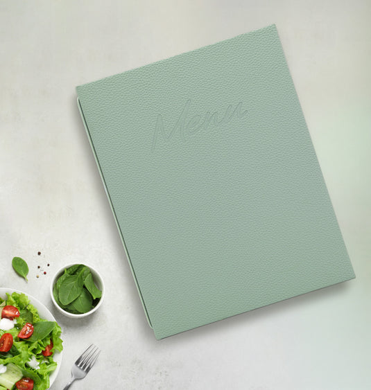 Securit Menu Set - Signature A4 Green - 10 Menu Holders + 20 Extra Pouches - in use