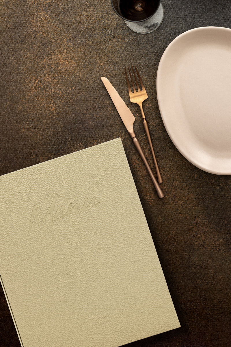 Load image into Gallery viewer, Securit Menu Set - Signature A4 Sand - 10 Menu Holders + 20 Extra Pouches - in use
