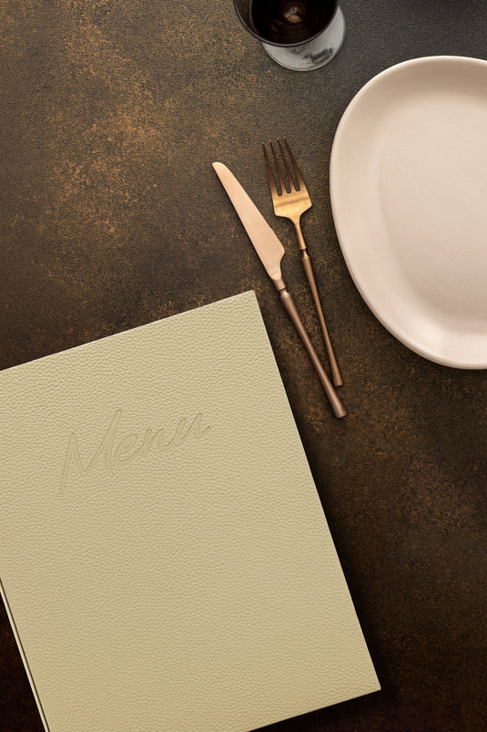 Securit Menu Set - Signature A4 Sand - 10 Menu Holders + 20 Extra Pouches - in use