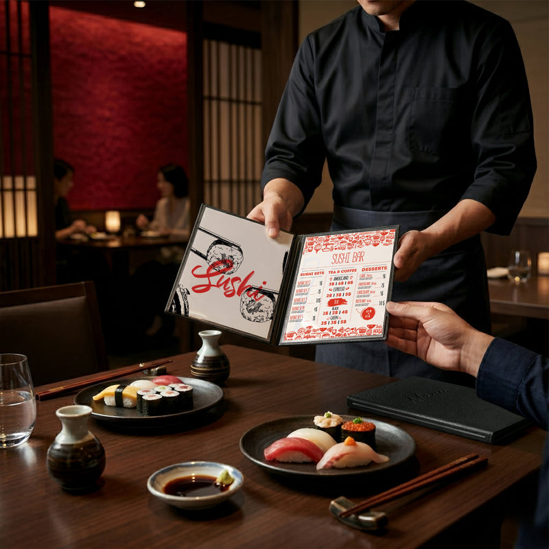 Load image into Gallery viewer, Securit Menu Set - Signature A5 Black - 10 Menu Holders + 20 Extra Pouches - in use
