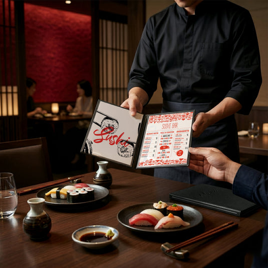 Securit Menu Set - Signature A5 Black - 10 Menu Holders + 20 Extra Pouches - in use