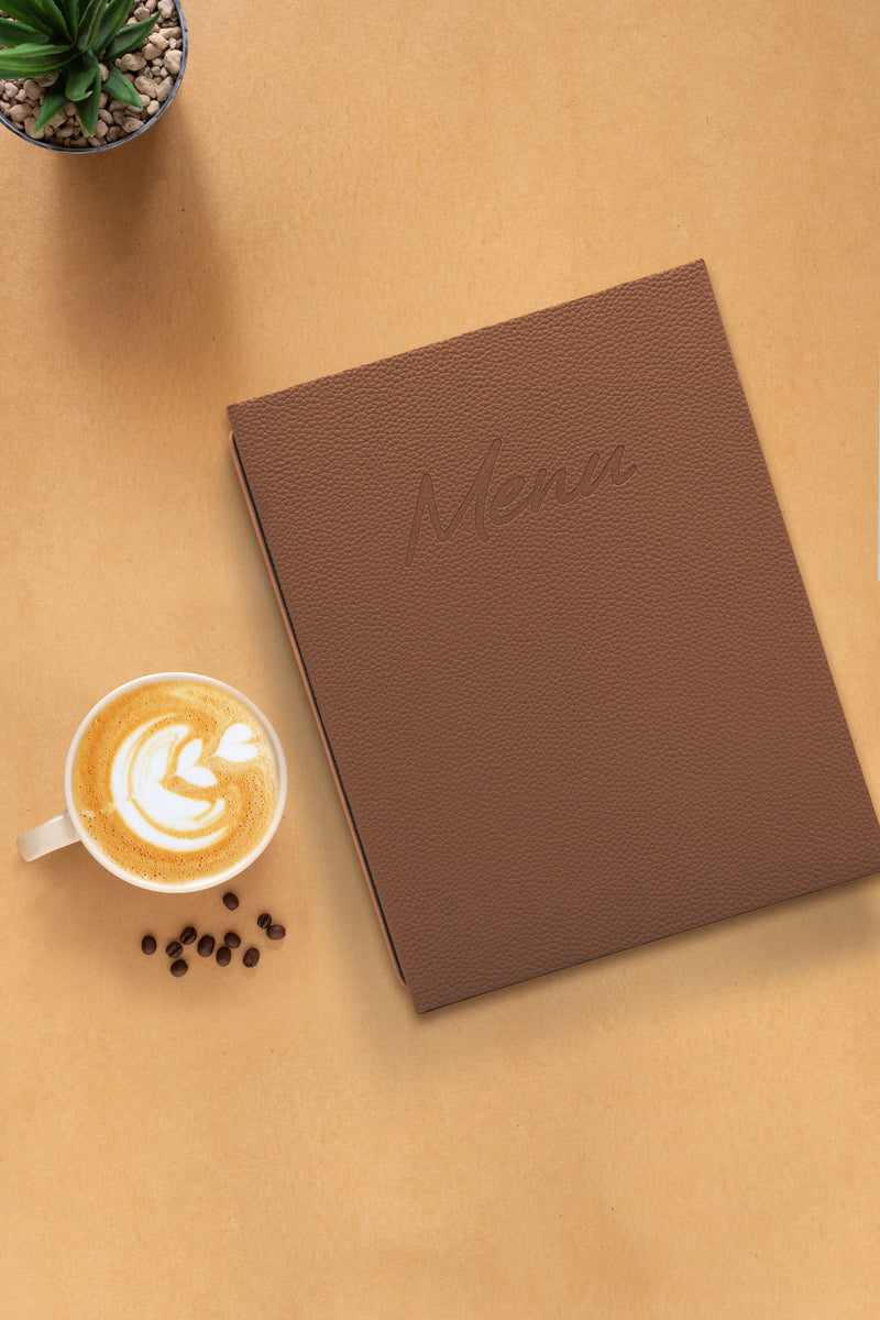 Load image into Gallery viewer, Securit Menu Holders - Signature Menu Holder A5 in Brown 18x22,5x2cm - Pack of 10 – in use
