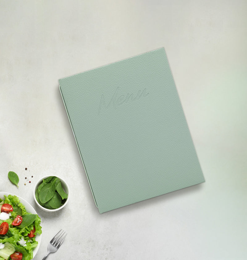 Load image into Gallery viewer, Securit Menu Set - Signature A5 Green - 10 Menu Holders + 20 Extra Pouches - in use
