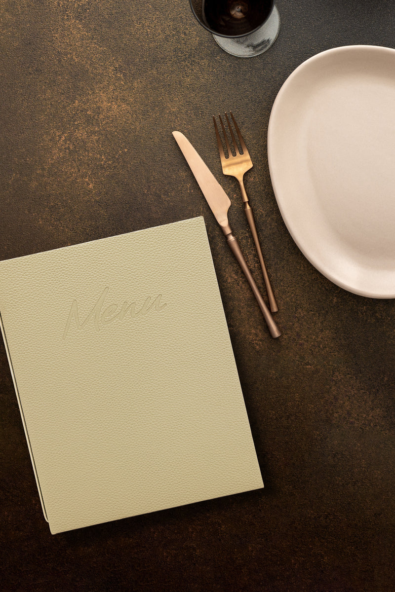 Load image into Gallery viewer, Securit Menu Holders - Signature Menu Holder A5 in Beige 18x22,5x2cm - Pack of 10 – in use
