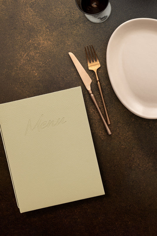 Securit Menu Set - Signature A5 Beige - 10 Menu Holders + 20 Extra Pouches - in use