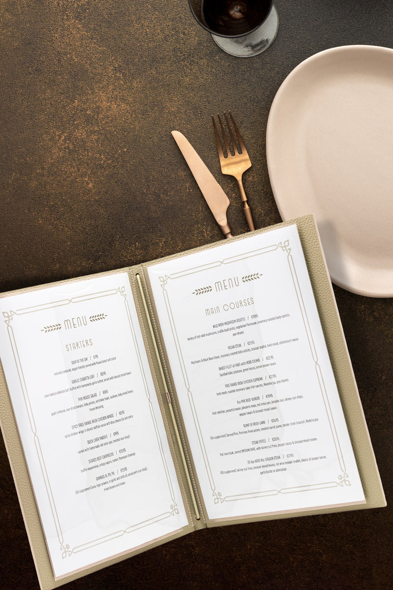 Load image into Gallery viewer, Securit Menu Holders - Signature Menu Holder A5 in Beige 18x22,5x2cm - Pack of 10 – in use
