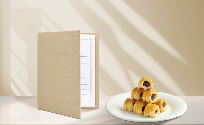 Load image into Gallery viewer, Securit Menu Holders - Signature Menu Holder A5 in Beige 18x22,5x2cm - Pack of 10 – in use
