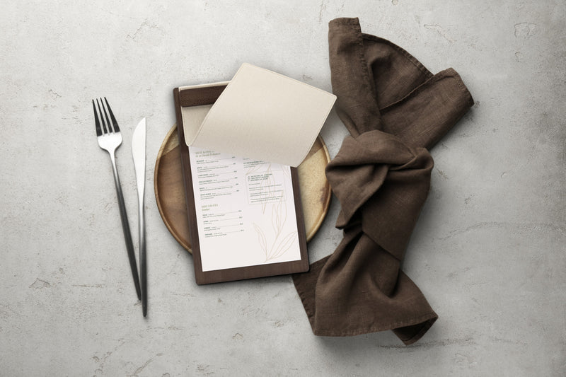 Load image into Gallery viewer, Securit Menu Holders - Signature Clipboard A45 in Walnut 18,5x32x1,5cm - Pack of 10 - in use
