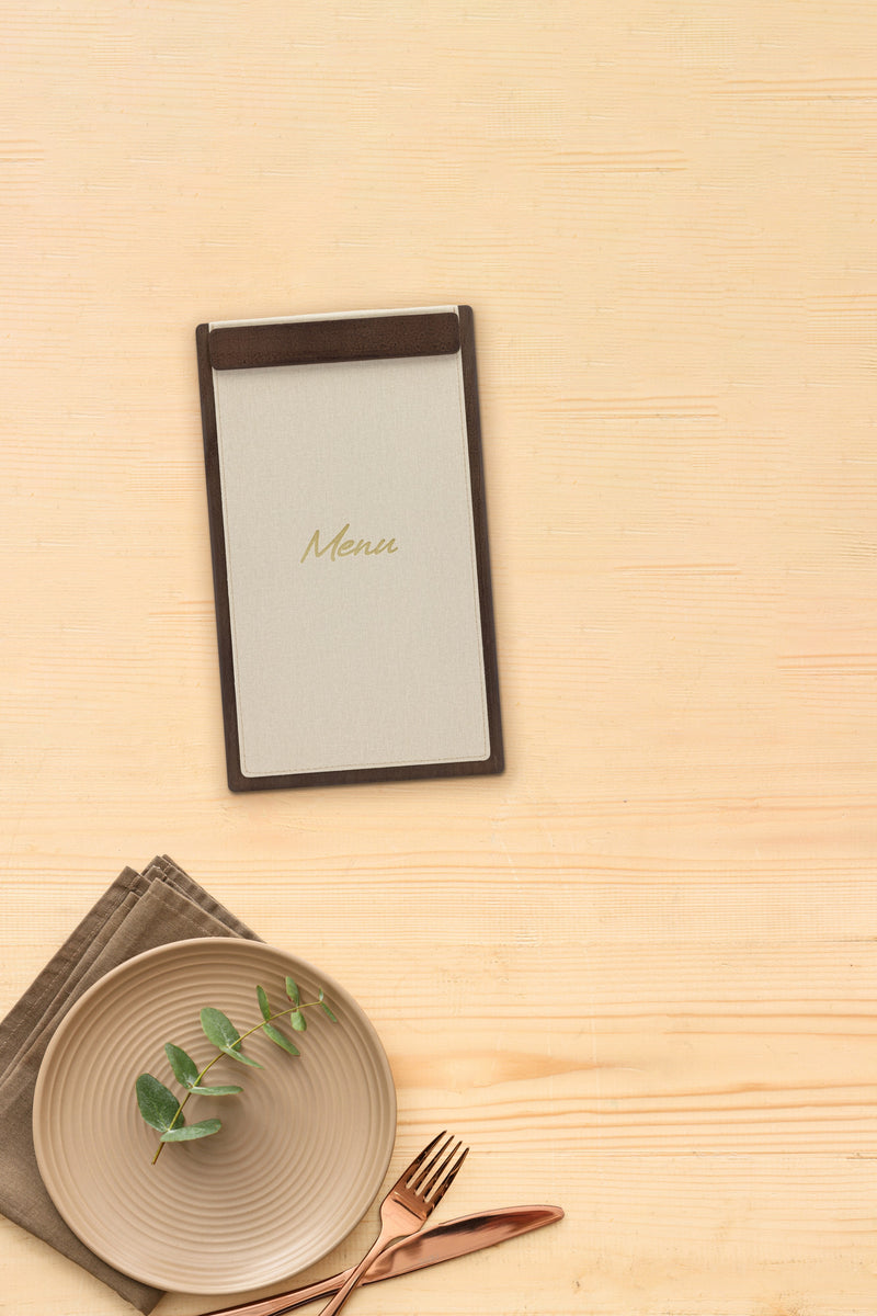 Load image into Gallery viewer, Securit Menu Holders - Signature Clipboard A45 in Walnut 18,5x32x1,5cm - Pack of 10 - in use
